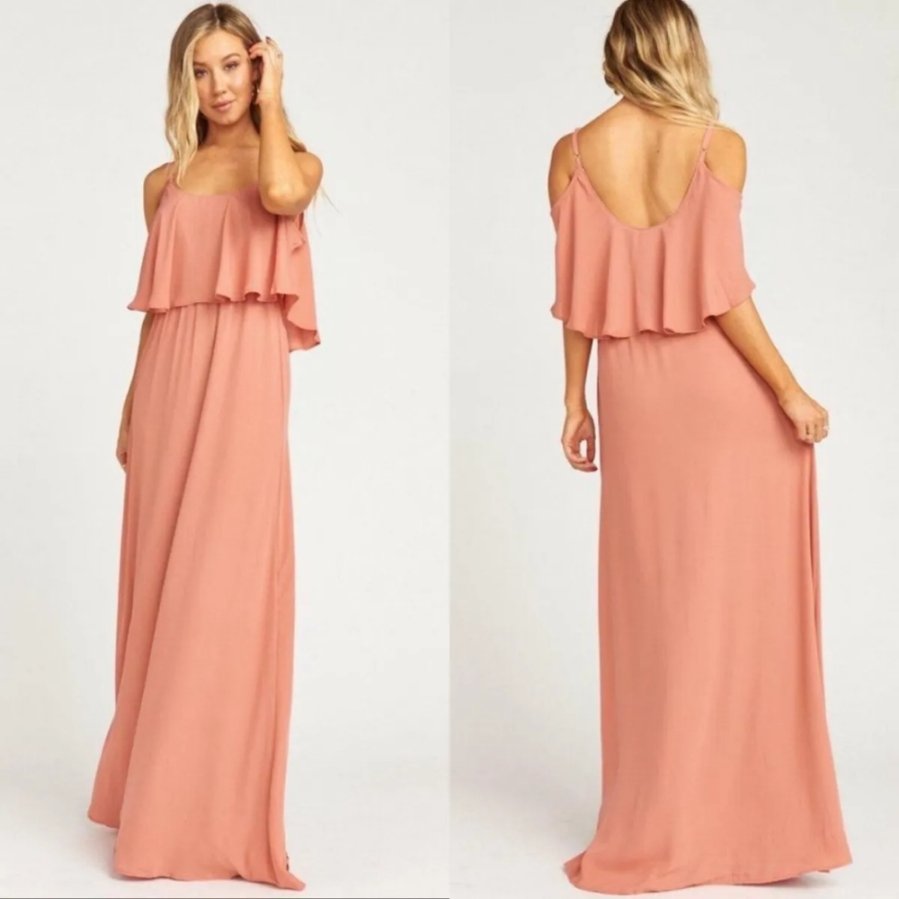 NWT! Show Me Your Mumu Caitlin Ruffle Maxi Dress Rustic Mauve Crisp XS
